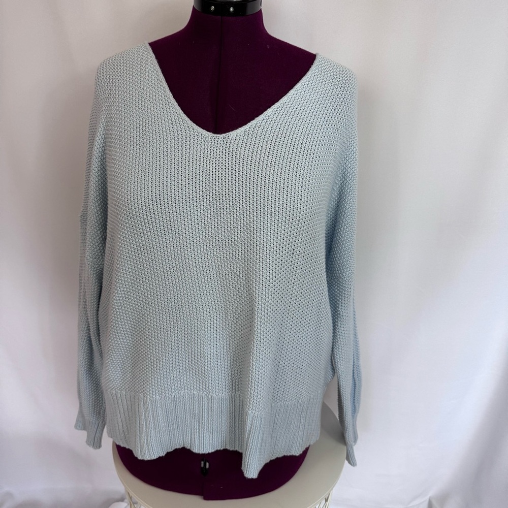 Lucky Brand Sweater Womens Large Blue Oversized Knit V Neck Cozy